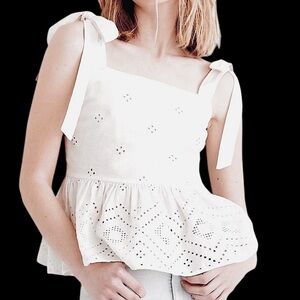 Madewell Rosalie White Linen Blend Eyelet Embroidery Sleeveless Peplum Crop Top